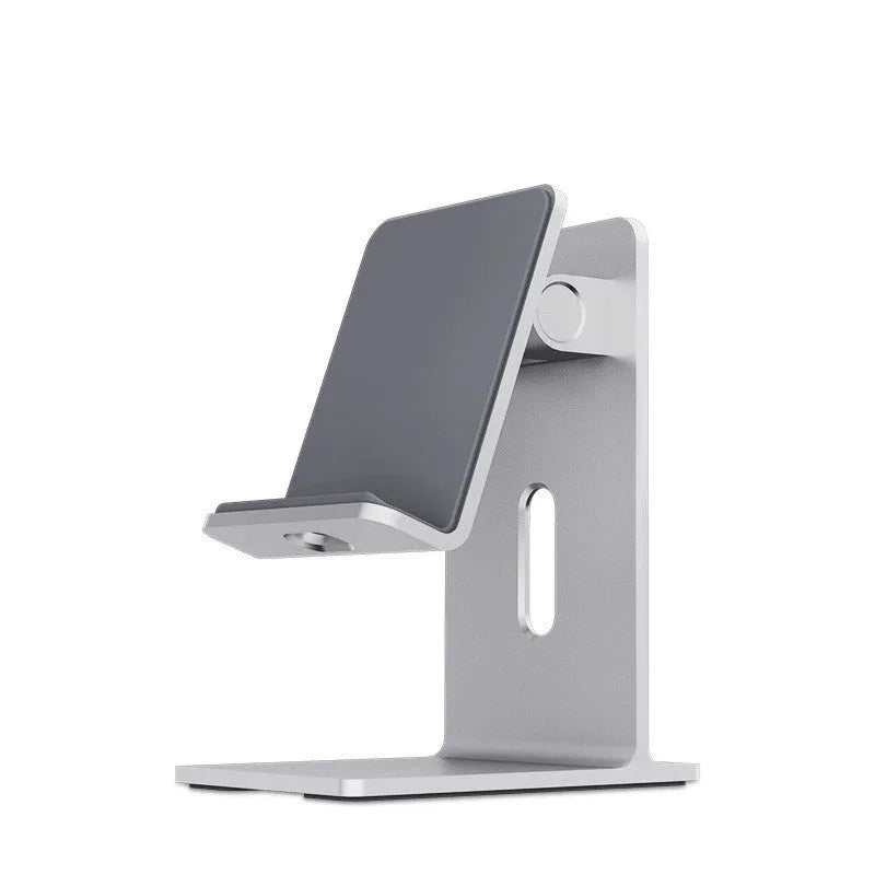 Alloy metal mobile phone holder for desktop use in grey or silver.