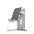 Alloy metal mobile phone holder for desktop use in grey or silver.