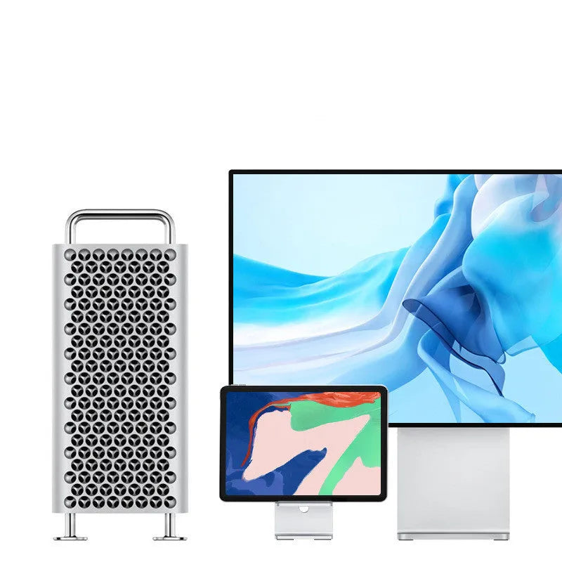 Alloy metal mobile phone holder for desktop use in grey or silver.