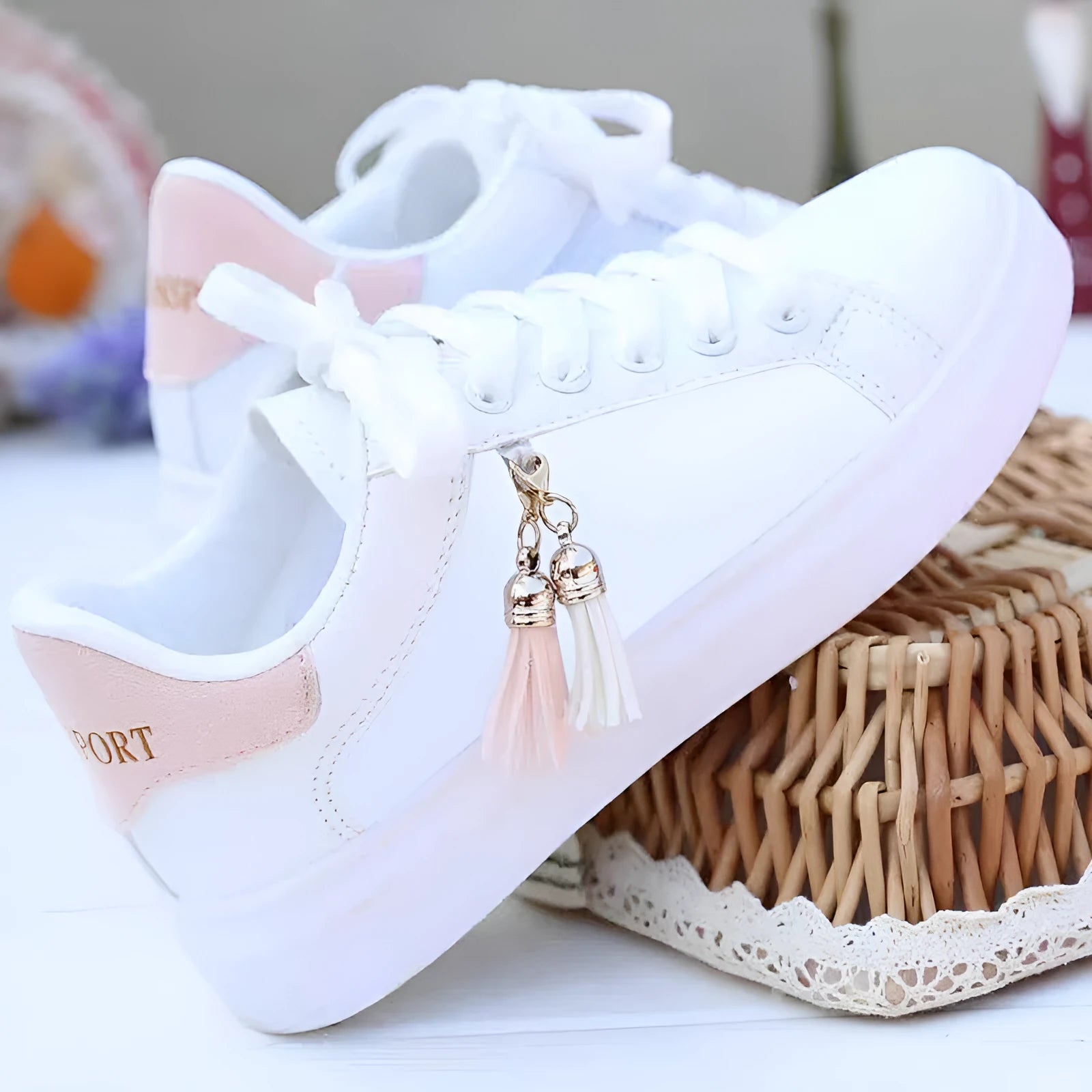 Women's white mesh casual flat shoes with a low heel, shown in pink and black colour options