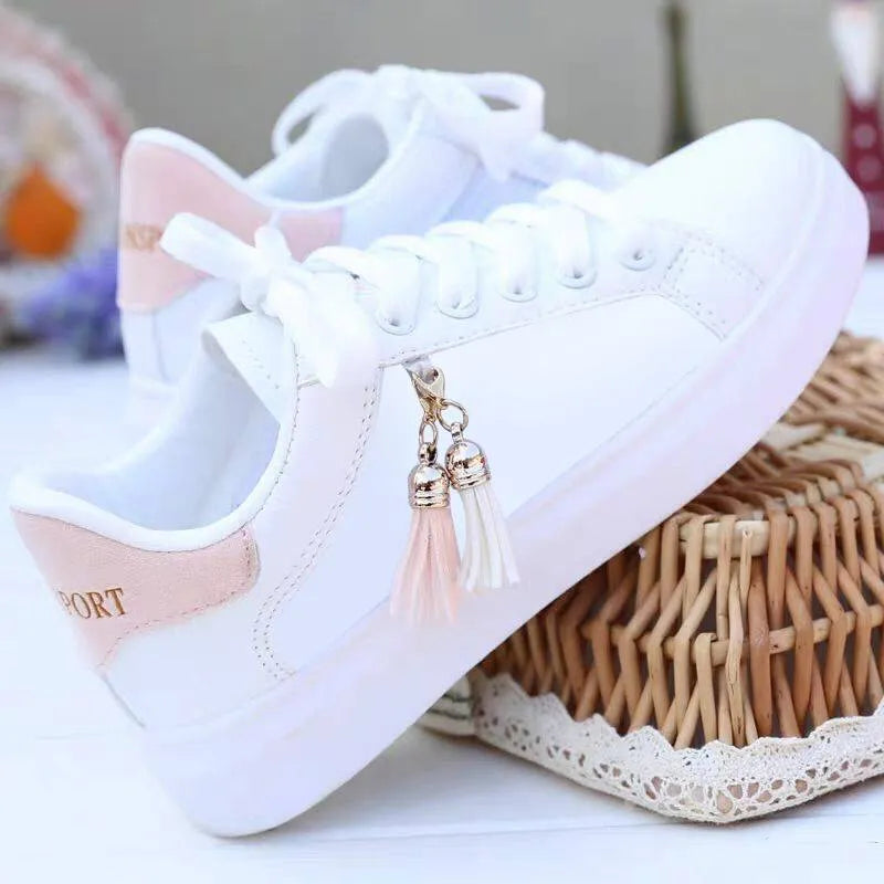 Women's white mesh casual flat shoes with a low heel, shown in pink and black colour options