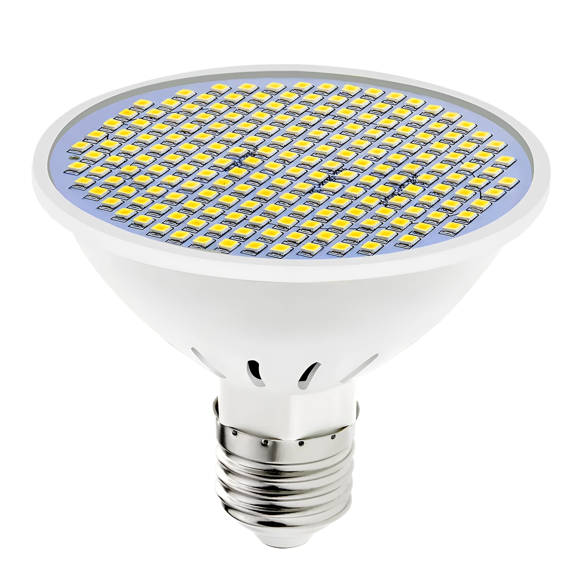 E27 screw-in LED lamp cup bulb showing white polycarbonate diffuser and metal base