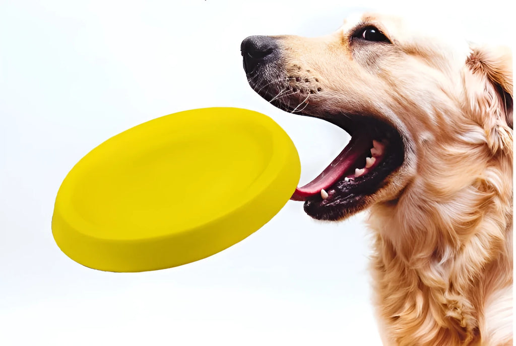 Bright yellow EVA plastic dog throwing toy for fetch and training.