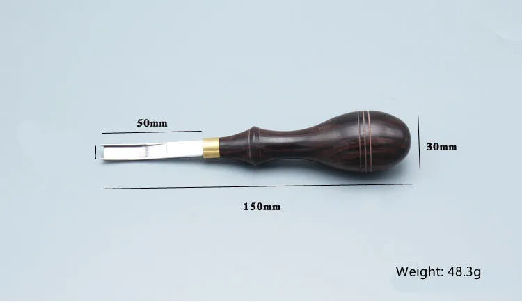 Sectional cutting wide shovel edge thinning knife drum shovel with leather sheath for knife sharpening.