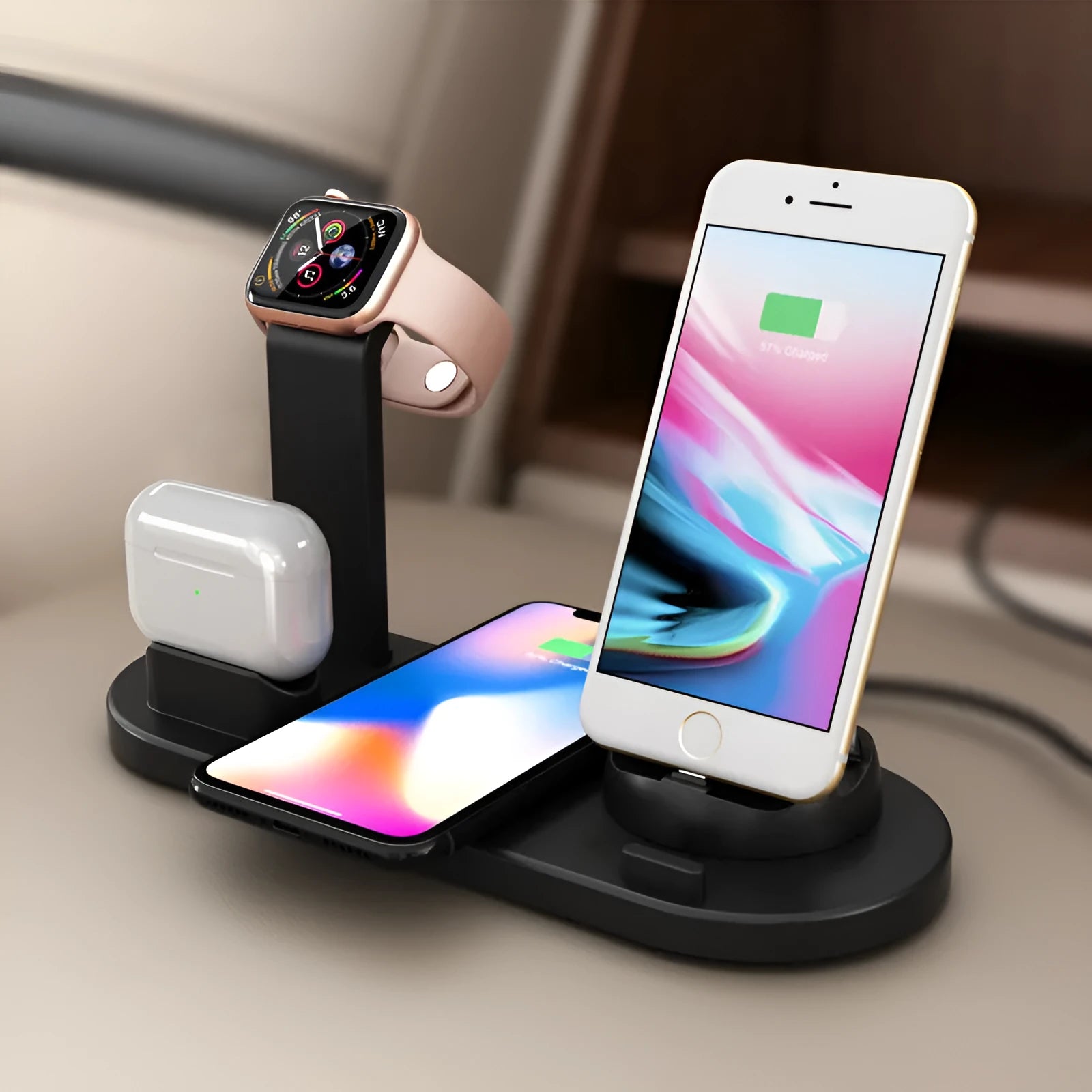 Three-in-one wireless charging bracket station for iPhone in black or white with USB outlet