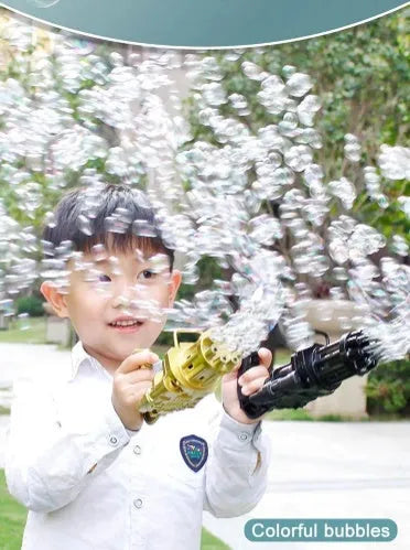 Kids bubble machine gun toy in pink, gold or black with battery compartment and removable bubble head