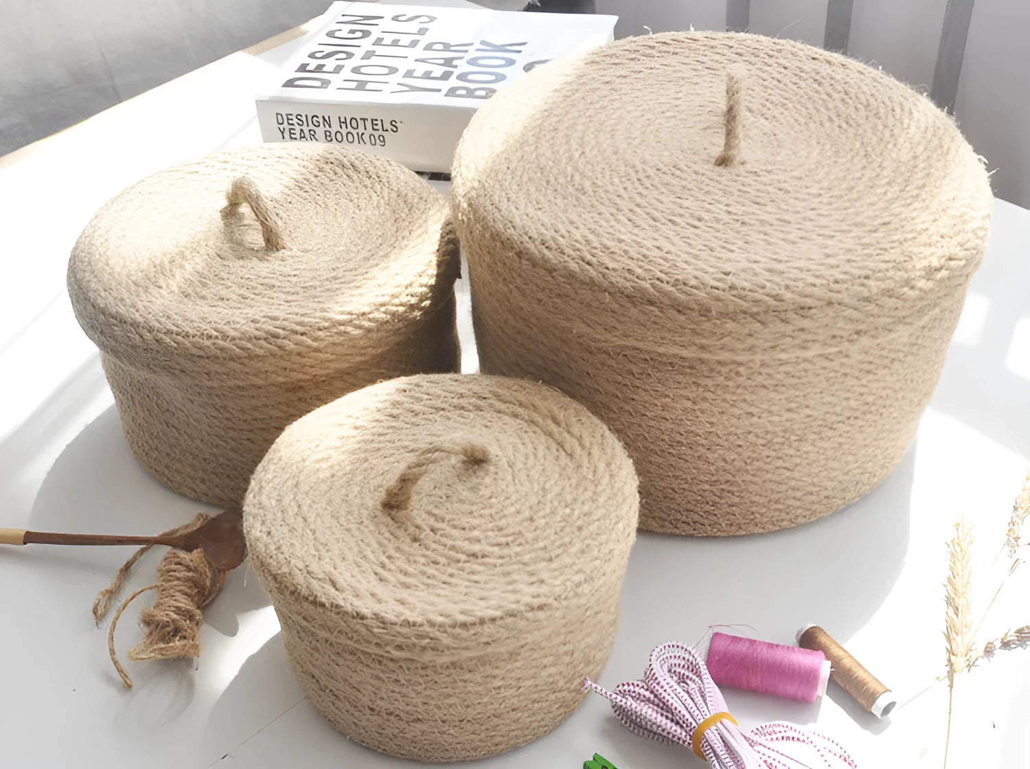 Japanese-style linen fabric storage basket with dustproof cover in three sizes