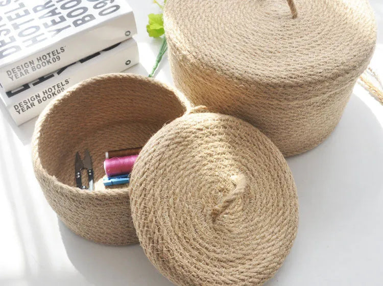 Japanese-style linen fabric storage basket with dustproof cover in three sizes