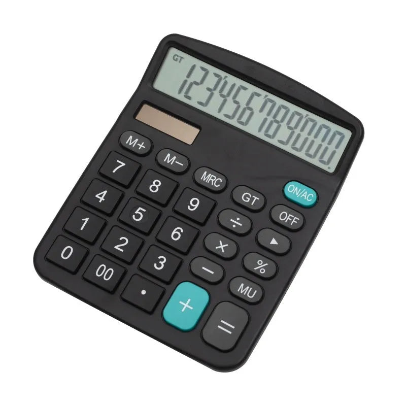 Black 12-digit solar desktop calculator with large LCD display, PS plastic body, 14.8 x 11.9 x 3.5 cm