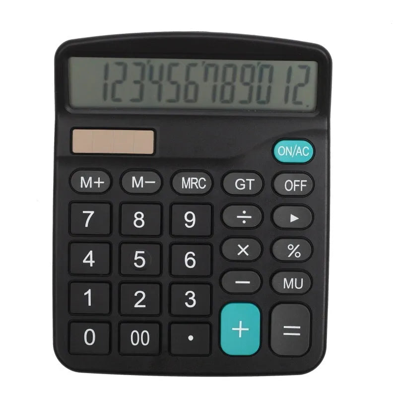 Black 12-digit solar desktop calculator with large LCD display, PS plastic body, 14.8 x 11.9 x 3.5 cm