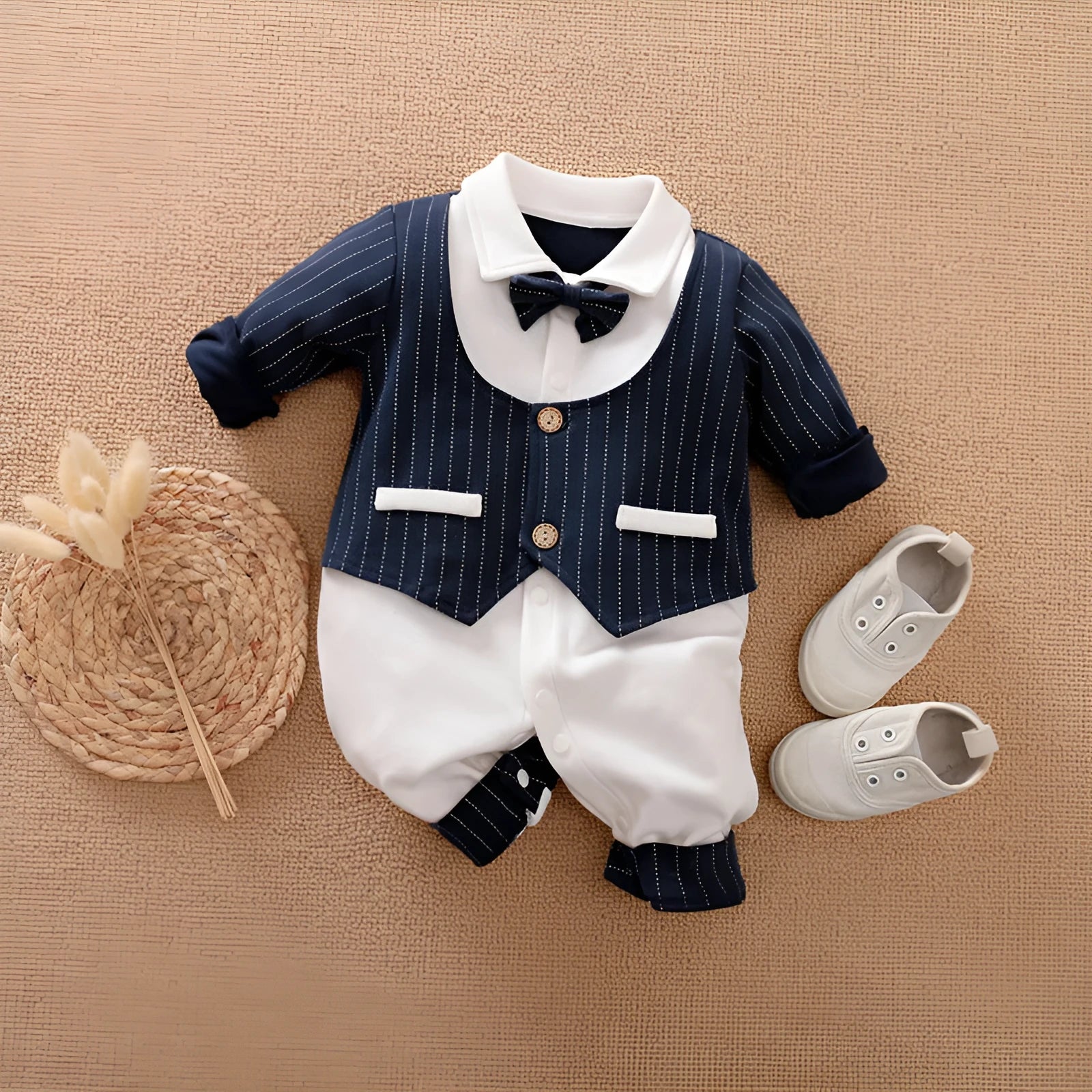 Long-sleeved cotton baby jumpsuit romper in navy blue for a newborn baby
