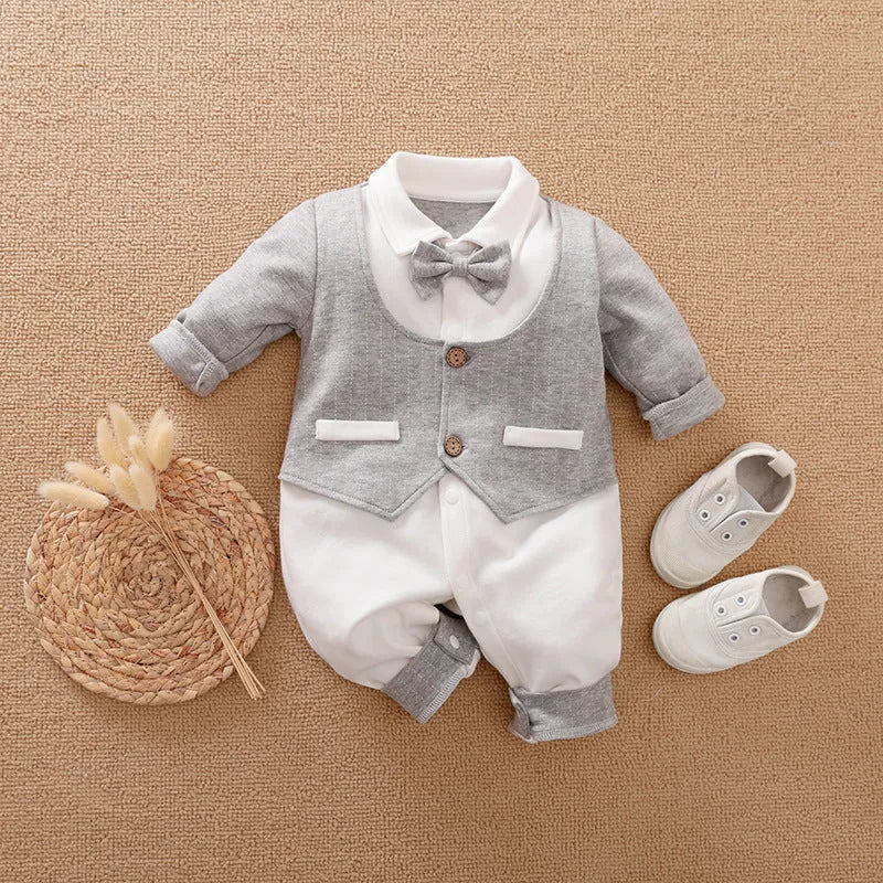 Long-sleeved cotton baby jumpsuit romper in navy blue for a newborn baby