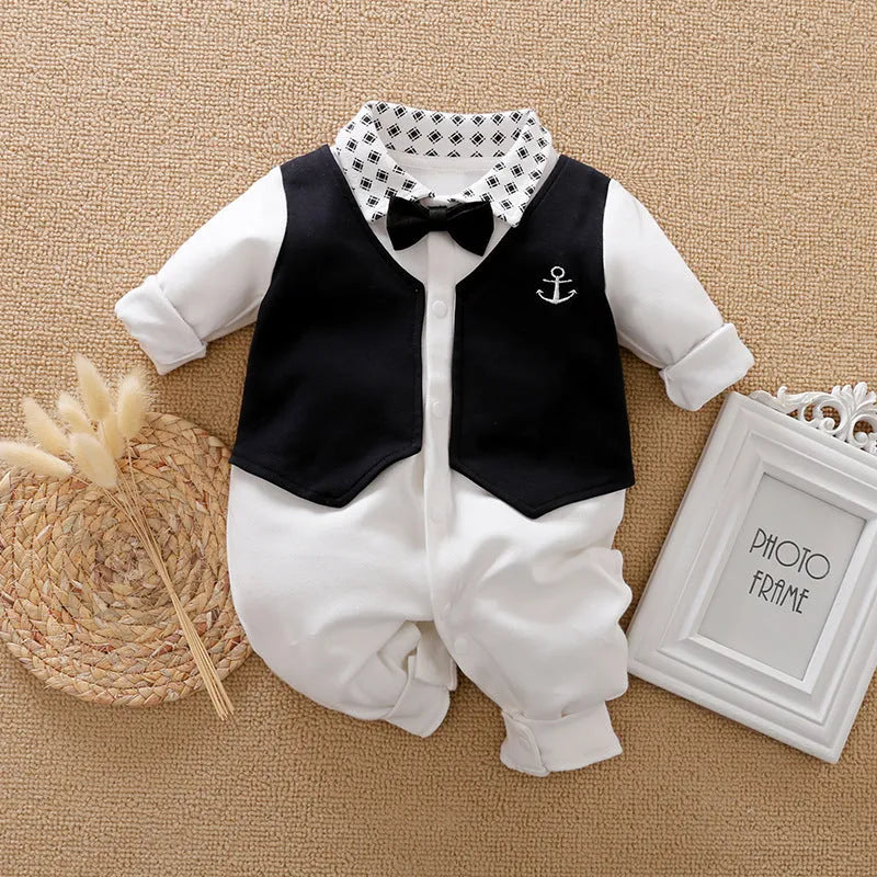 Long-sleeved cotton baby jumpsuit romper in navy blue for a newborn baby