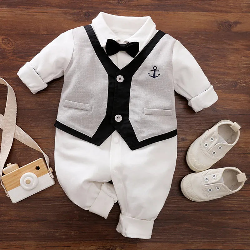 Long-sleeved cotton baby jumpsuit romper in navy blue for a newborn baby