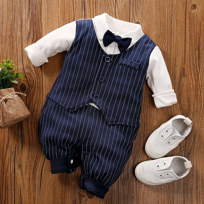 Long-sleeved cotton baby jumpsuit romper in navy blue for a newborn baby