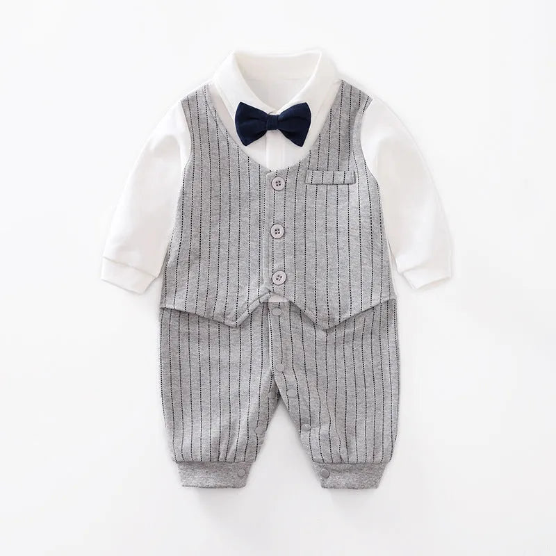 Long-sleeved cotton baby jumpsuit romper in navy blue for a newborn baby