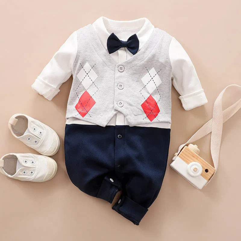 Long-sleeved cotton baby jumpsuit romper in navy blue for a newborn baby