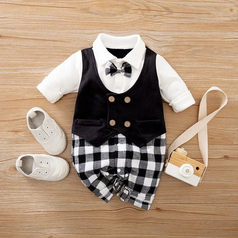 Long-sleeved cotton baby jumpsuit romper in navy blue for a newborn baby