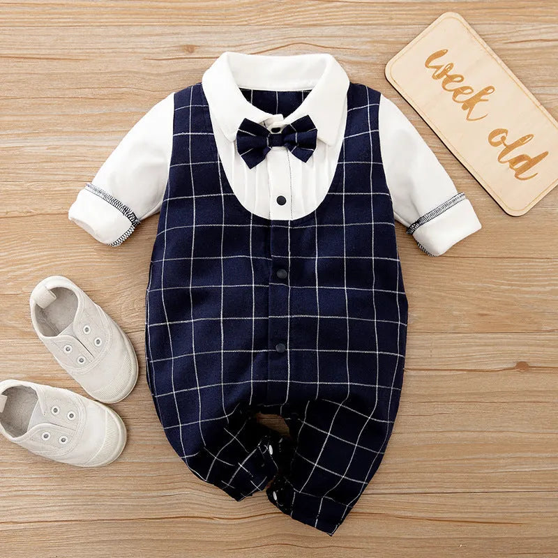Long-sleeved cotton baby jumpsuit romper in navy blue for a newborn baby