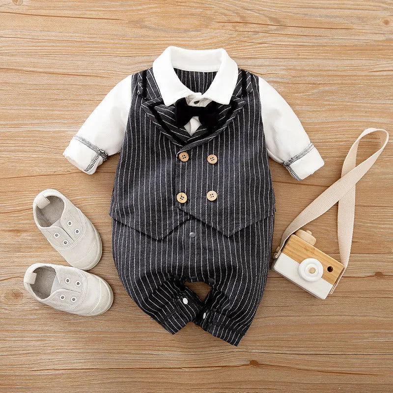 Long-sleeved cotton baby jumpsuit romper in navy blue for a newborn baby