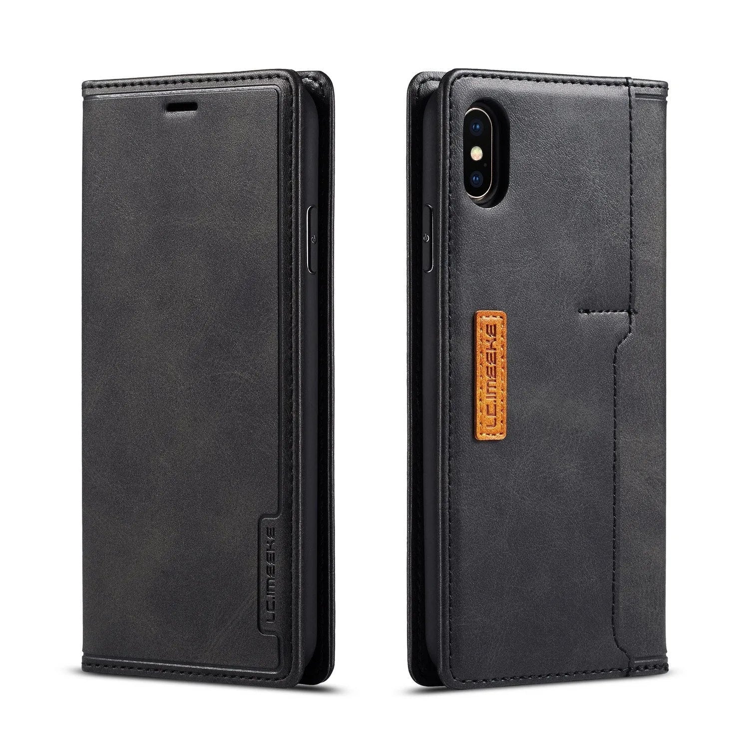 Retro leather flip wallet phone case for iPhone with card storage compartment in black colour