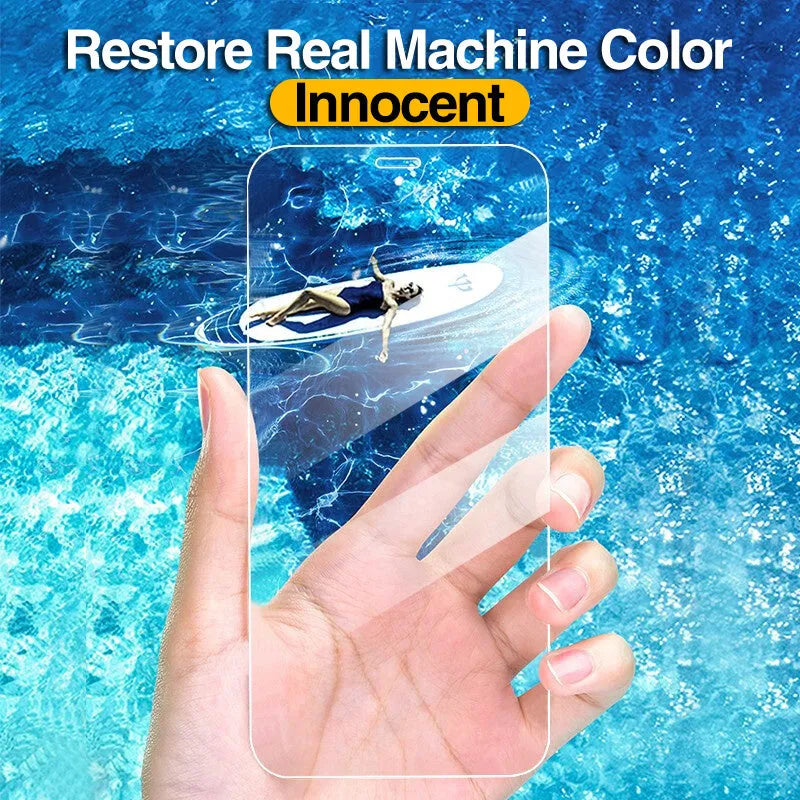 Four transparent tempered glass screen protectors for Apple iPhone models.