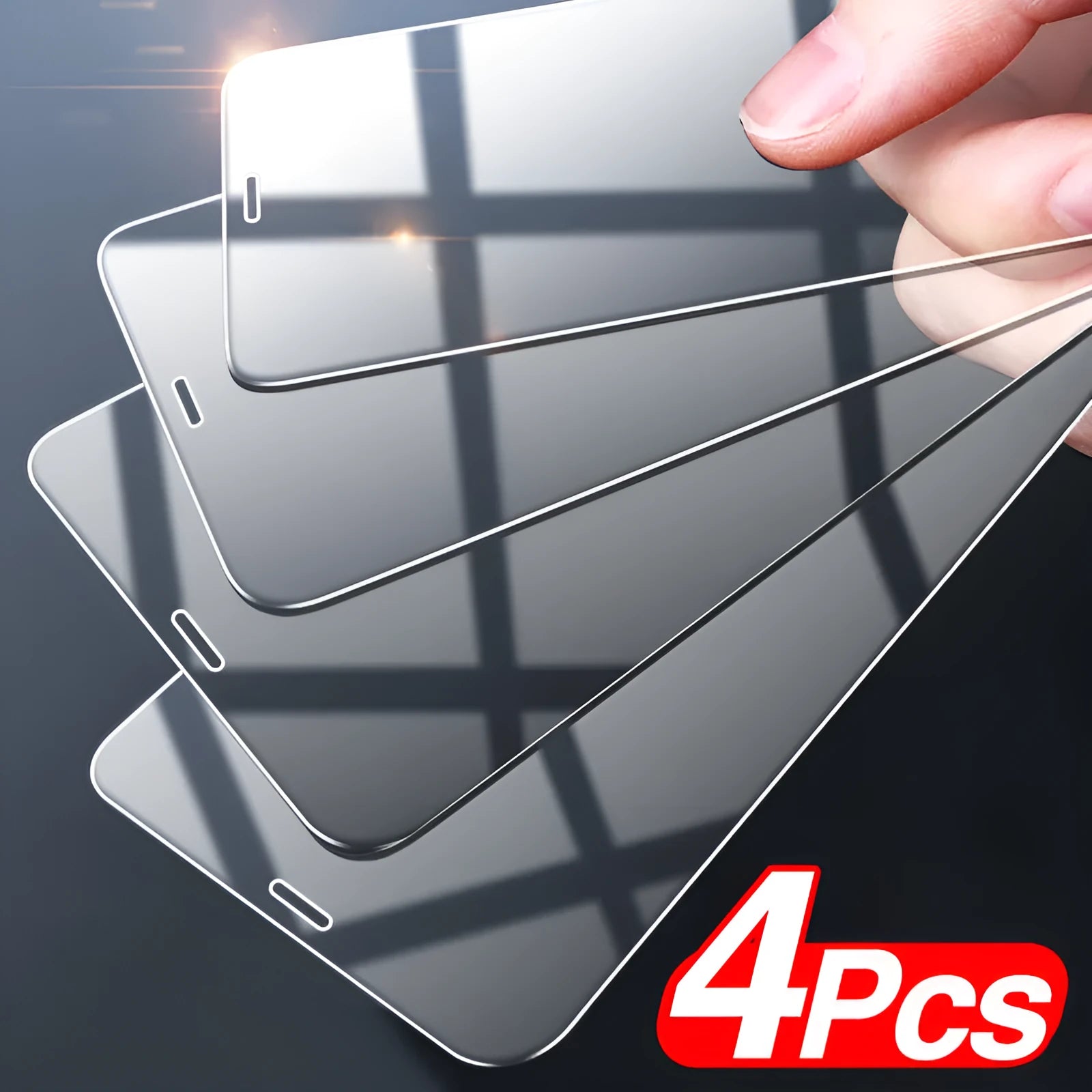 Four transparent tempered glass screen protectors for Apple iPhone models.