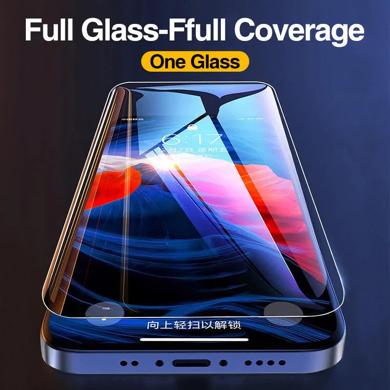 Four transparent tempered glass screen protectors for Apple iPhone models.