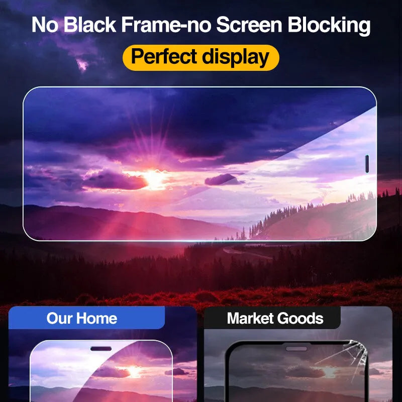 Four transparent tempered glass screen protectors for Apple iPhone models.