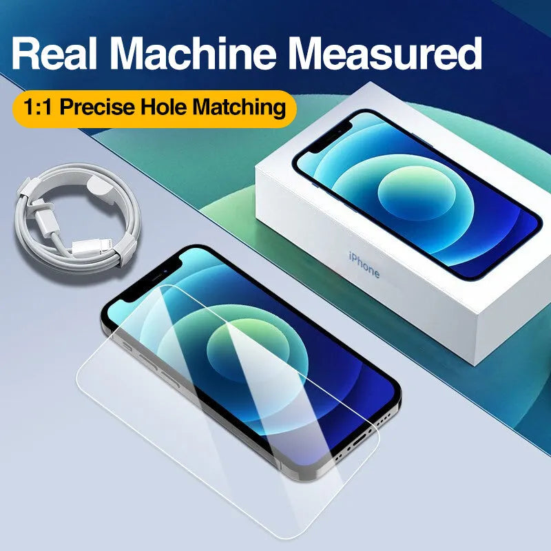 Four transparent tempered glass screen protectors for Apple iPhone models.