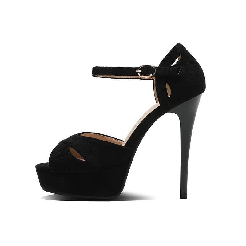 Black women's stiletto platform sandals with fish mouth toe and waterproof sole.