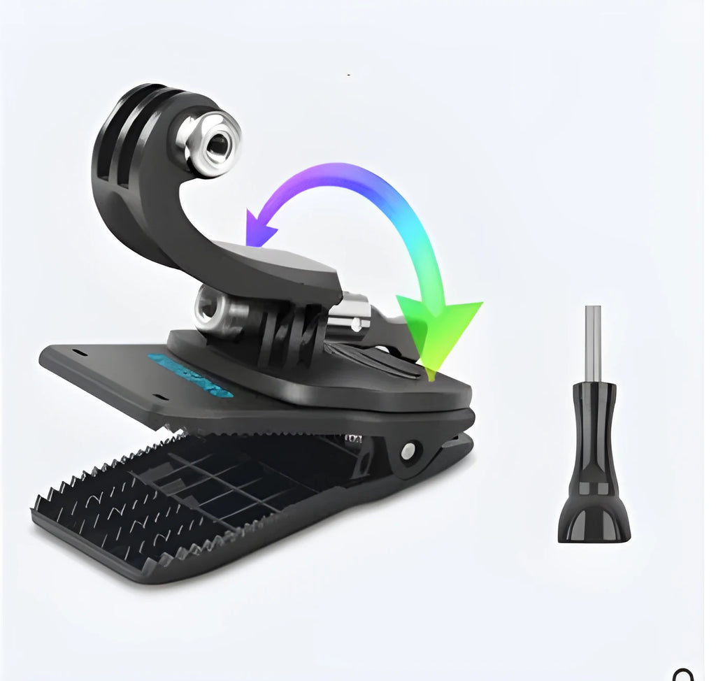 GoPro backpack clip mount with 360-degree rotation joint, made from black ABS plastic and silver aluminium alloy.