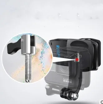 GoPro backpack clip mount with 360-degree rotation joint, made from black ABS plastic and silver aluminium alloy.