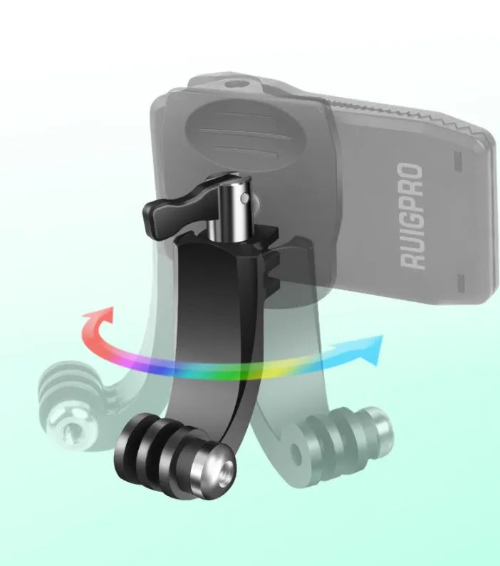 GoPro backpack clip mount with 360-degree rotation joint, made from black ABS plastic and silver aluminium alloy.