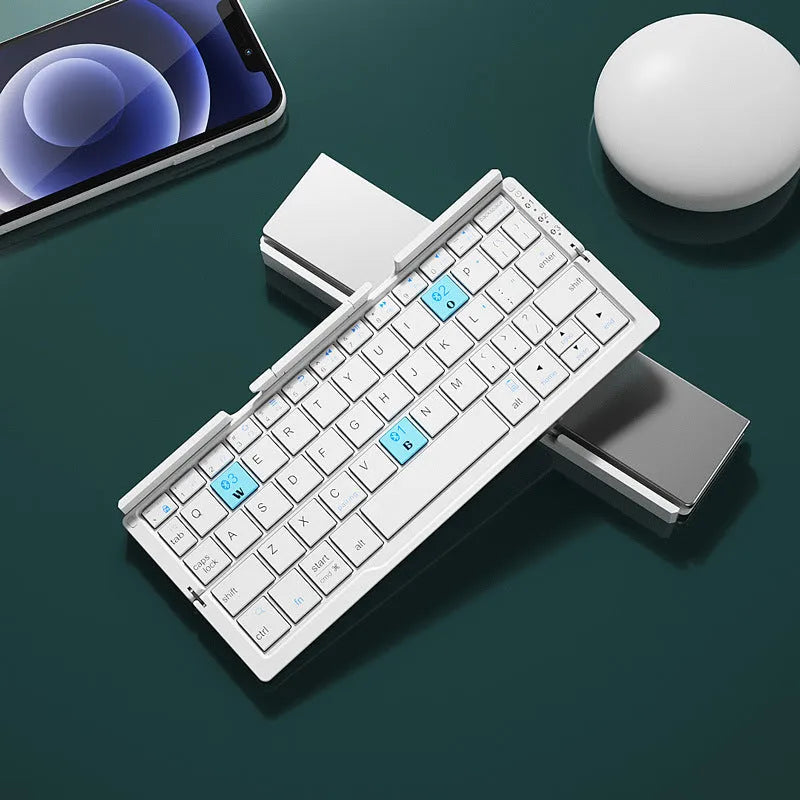 Silver white folding Bluetooth keyboard propping up smartphone with aluminium alloy housing