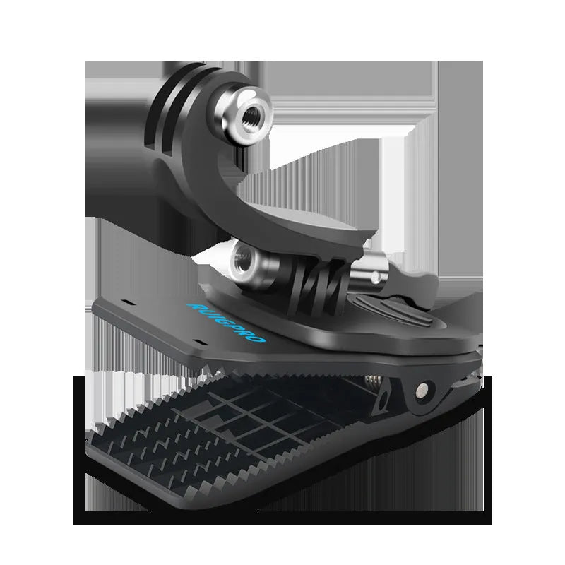 GoPro backpack clip mount with 360-degree rotation joint, made from black ABS plastic and silver aluminium alloy.