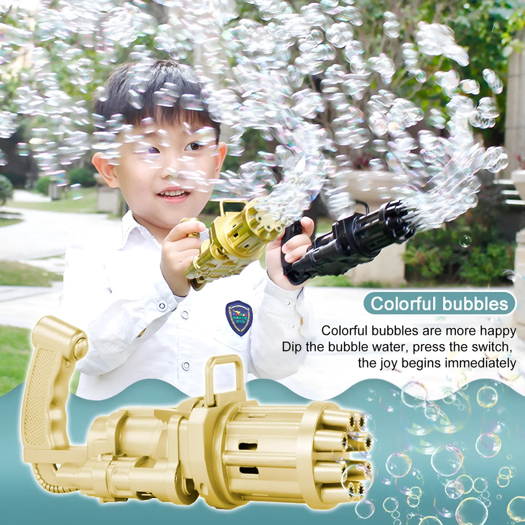 Kids bubble machine gun toy in pink, gold or black with battery compartment and removable bubble head