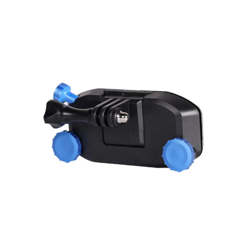 Blue plastic backpack clip for mounting sports cameras on shoulder straps