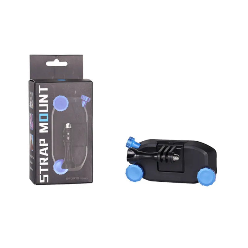 Blue plastic backpack clip for mounting sports cameras on shoulder straps