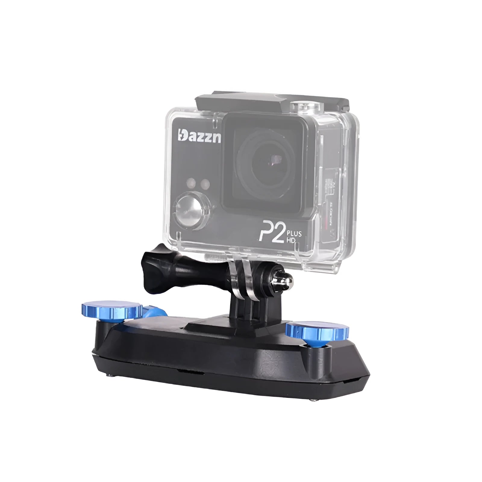 Blue plastic backpack clip for mounting sports cameras on shoulder straps