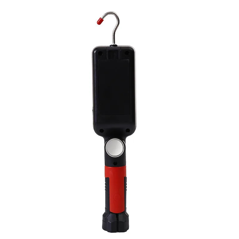 Portable LED work light with magnetic hook showing 700 lumen COB light and USB charging port