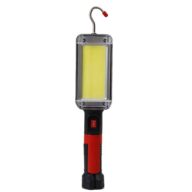 Portable LED work light with magnetic hook showing 700 lumen COB light and USB charging port