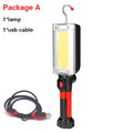 Portable LED work light with magnetic hook showing 700 lumen COB light and USB charging port