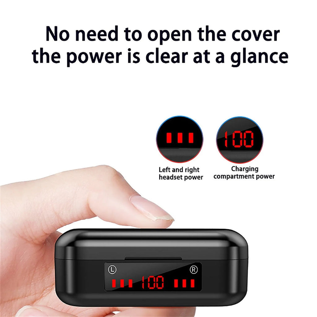 V7 LED button version wireless Bluetooth touch headset with charging box and three ear cap pairs.