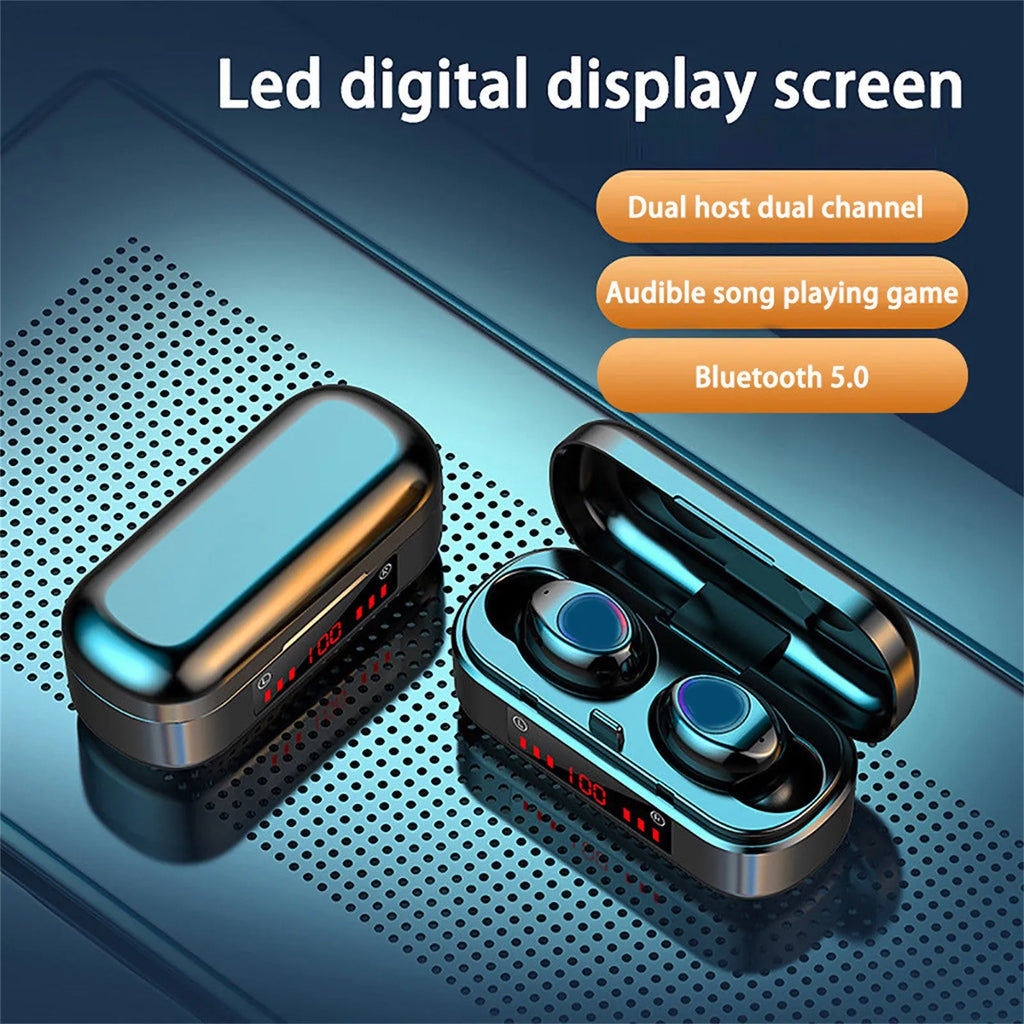 V7 LED button version wireless Bluetooth touch headset with charging box and three ear cap pairs.