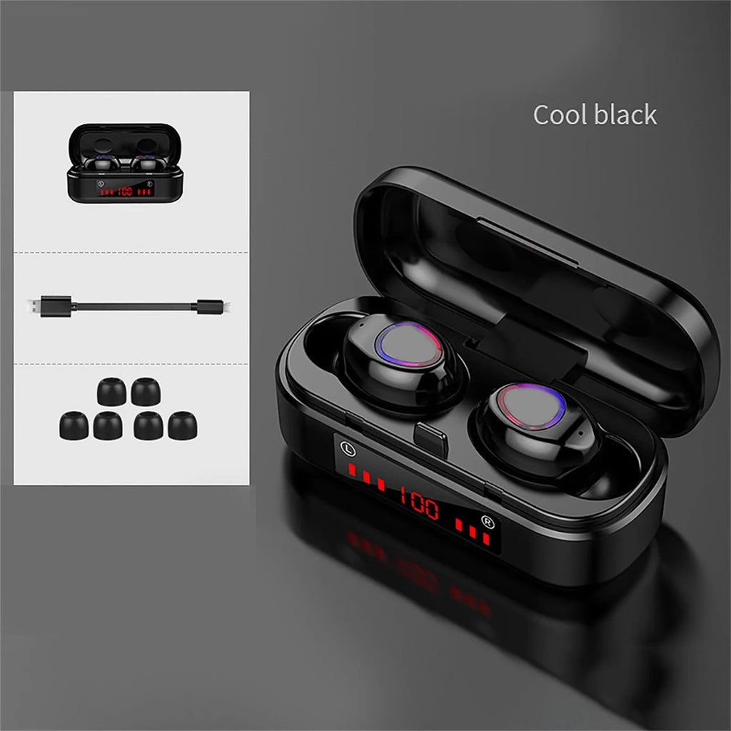 V7 LED button version wireless Bluetooth touch headset with charging box and three ear cap pairs.