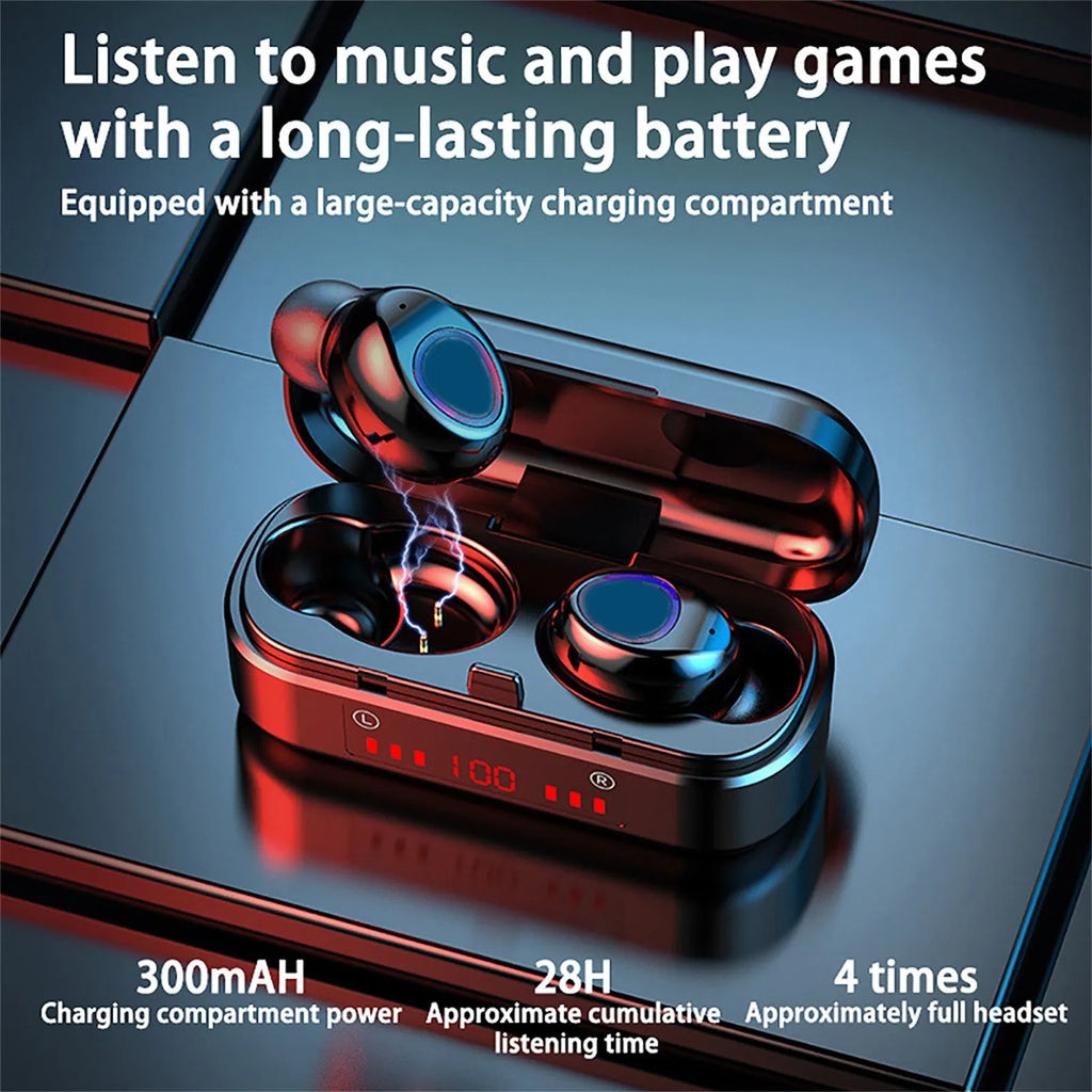 V7 LED button version wireless Bluetooth touch headset with charging box and three ear cap pairs.