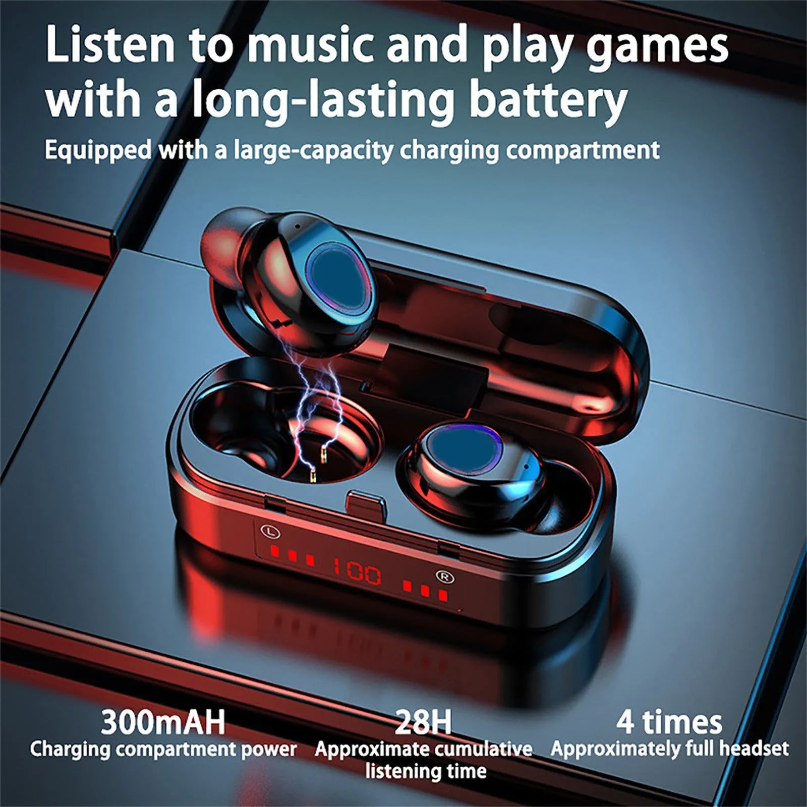 V7 LED button version wireless Bluetooth touch headset with charging box and three ear cap pairs.