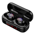 V7 LED button version wireless Bluetooth touch headset with charging box and three ear cap pairs.