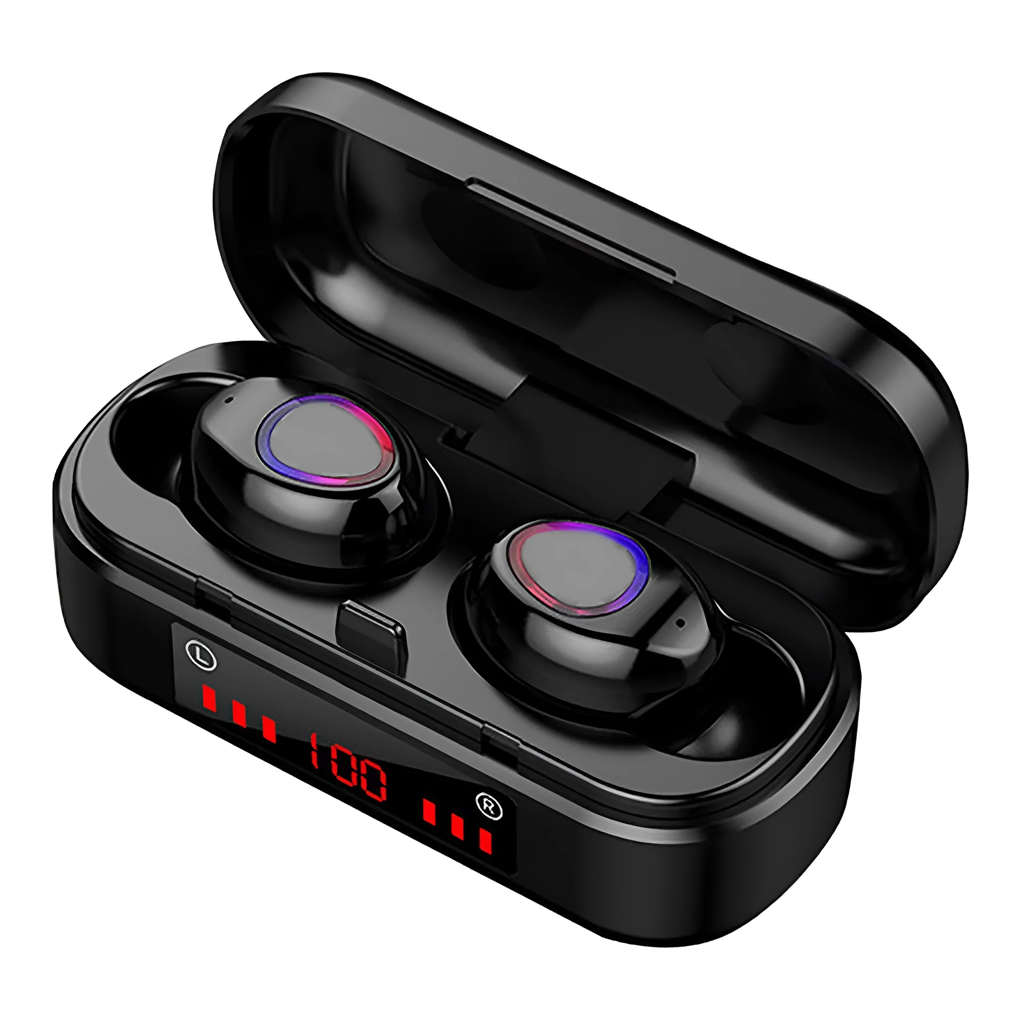 V7 LED button version wireless Bluetooth touch headset with charging box and three ear cap pairs.